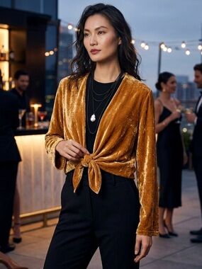 Reformation Fez Velvet Tie-Front Gold Blouse